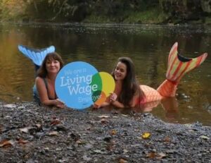 Cath and Amy as Living Wage mermaids